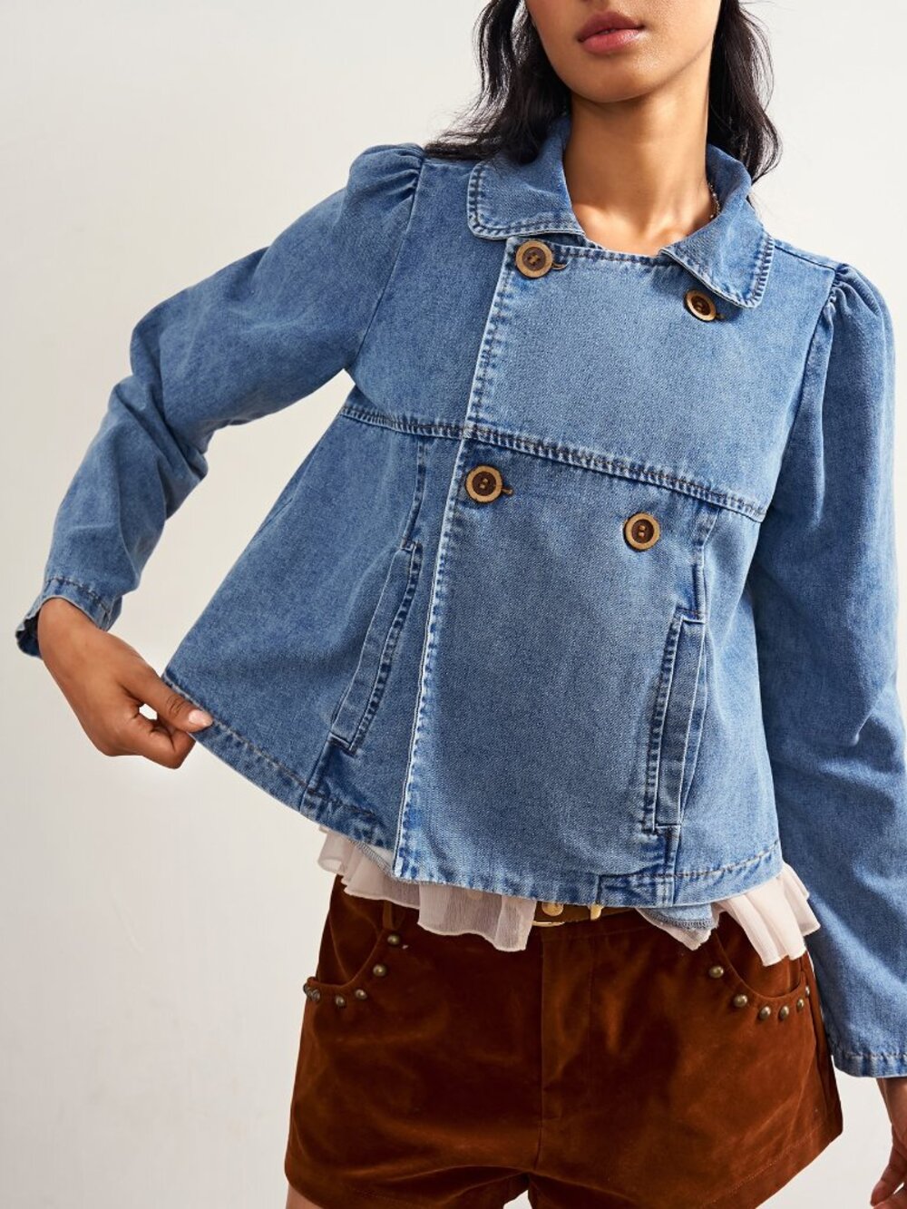 Blue Casual Women's Asymmetrical Puff Sleeve Denim Jacket